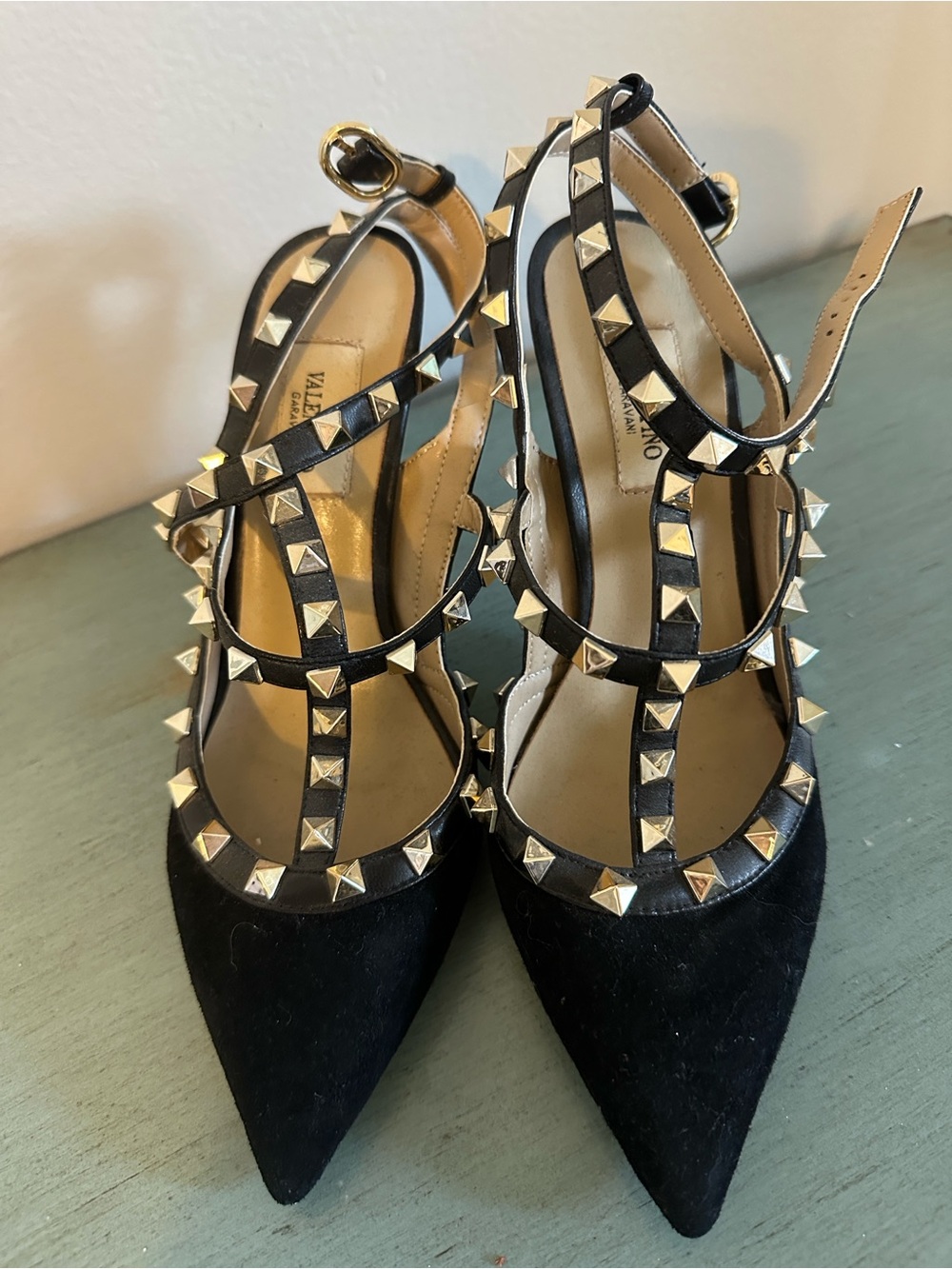 & Other Stories Black Pointed Suede T-Strap Pumps with Gold Studs